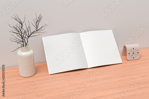 Konstfotografi Square book, magazine mockup leaning on wall with open blank white pages on wood