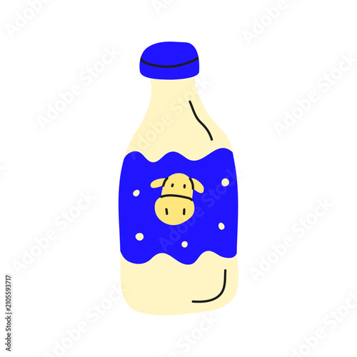 Cute flat milk in bottle isolated on white background. Modern dairy product. Natural source of calcium and protein. Great for web design, posters, flayers, cards, etc.