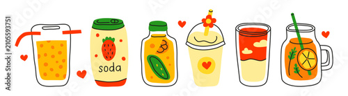 Set of cute hand drawn flat different drinks isolated on white background. Horizontal banner with fresh summer beverages. Detox juice, smoothie, milkshake, tapioca bubble tea, strawberry soda.