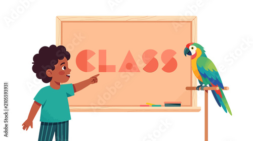 African American Boy Pointing at Classroom Board with Parrot Illustration
