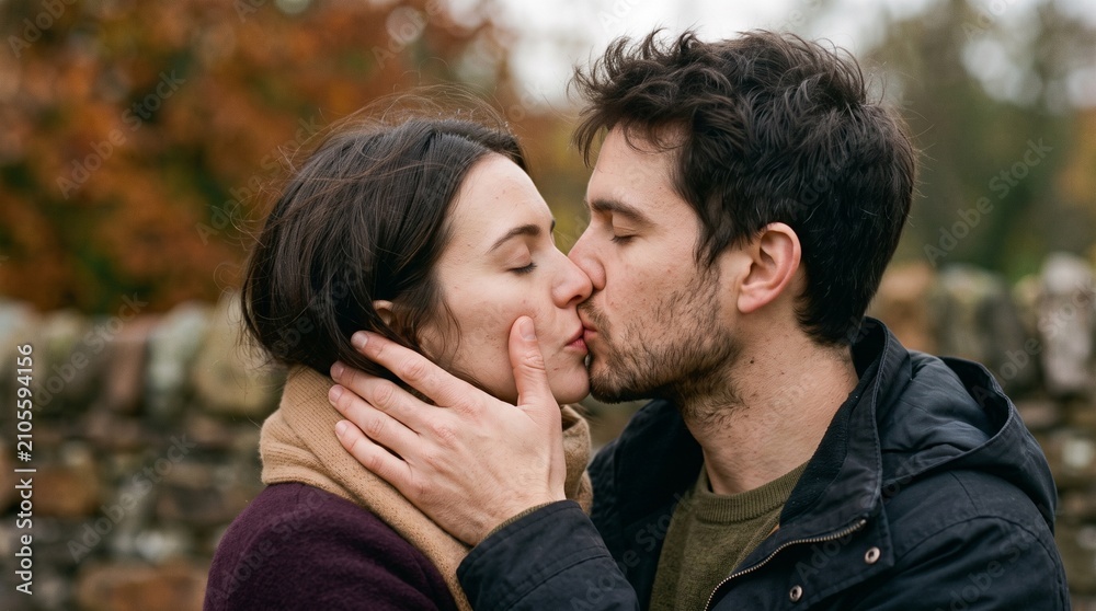 Fototapeta premium Romantic young couple kissing while embracing outdoors in autumn.