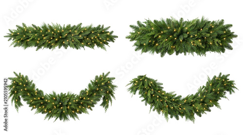 Set of green christmas garlands decorated with small glowing lights isolated on transparent background