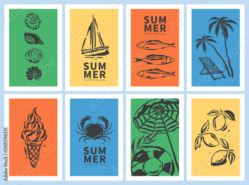 Summer Mediterranean posters with palm trees, sun lounger, yacht, seashells, sardines, lemons, ice cream. Hand drawn vector illustration for ads, print, decor.