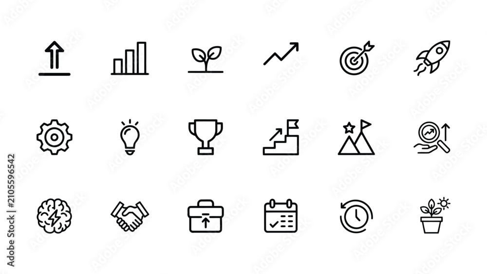 Fototapeta premium Collection of simple line icons representing business growth success and productivity concepts on transparent background