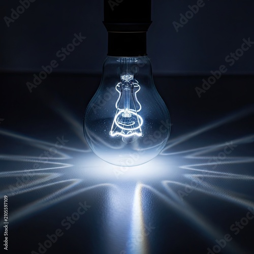 Glowing light bulb emitting bright rays on dark background.