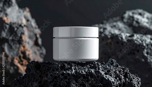 Empty Silver Cosmetic Jar on Dark Rock Background.