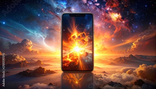 Smartphone Displaying Cosmic Nebula and Starlight.