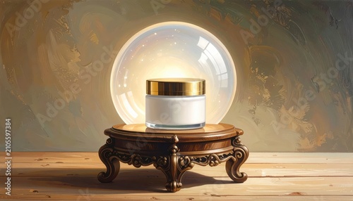 Crystal Ball with Gold Trimmed Jar on Ornate Stand.