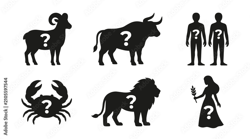 Fototapeta premium Black silhouette icons of astrology signs with question marks, including ram, bull, human figures, crab, lion, and maiden, illustrating mystery and
