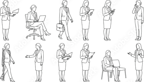 Businesswoman Line Art Character Set with Professional Office Poses and Corporate Workplace Activities