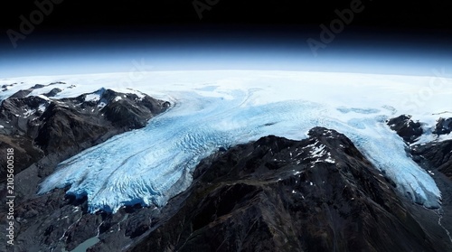 glacier retreat over mountains in satellite view showcasing ice extent and environmental change
