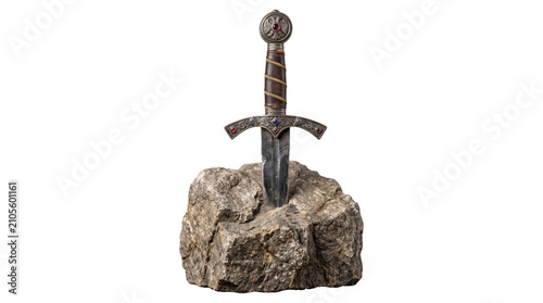 Cuadro en lienzo Medieval sword stuck in stone, legend of king arthur, fantasy weapon isolated on transparent background png