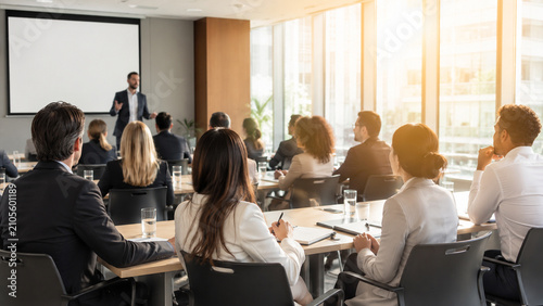 Business conference presentation in modern meeting room with speaker and audience near sunny windows