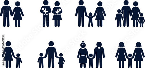 Family icon set featuring diverse parenting styles and various parent child combinations in simple vector design