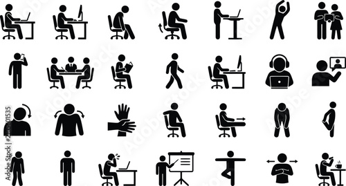 Office employee ergonomics icons set showing daily workplace activities stretching exercises and healthy work habits