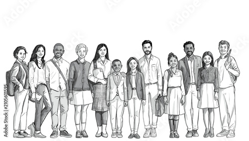 A diverse group of people of various ages, genders, and ethnicities standing together in a line, showcasing unity and community.