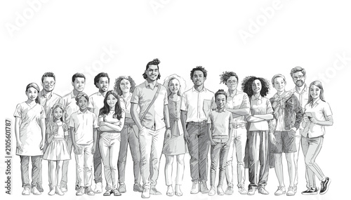A diverse group of people of various ages, genders, and ethnicities standing together in a line, depicted in a detailed sketch.