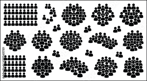 Photography People icons set featuring various group formations and crowds in simple solid b