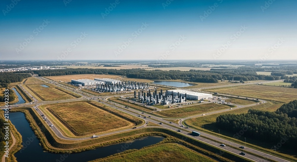 Obraz premium Vast Internet Exchange Facility Complex with Extensive Network Infrastructure Seen From Above