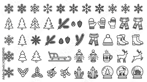 Winter icon set and holiday symbols in minimalist black line art vector for seasonal branding