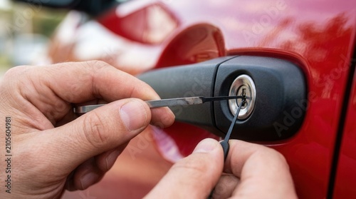 Close up of a locksmith using lockpicking tools on a red vehicle door handle.