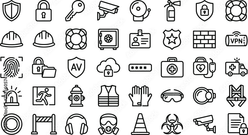 Fototapeta premium Safety and Security Icon Set with Lock, Shield, CCTV, Fire Safety, Protection, and Emergency Symbols for Websites and Industrial Designs