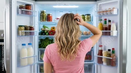 Confused woman with blonde hair looking into an open fridge.