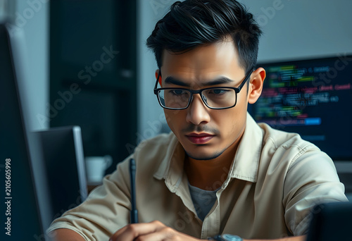 Focused asian man wearing g...