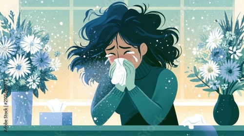 Woman sneezes, covering nose with tissue