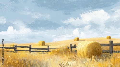 Golden hay bales rest beneath a soft blue sky