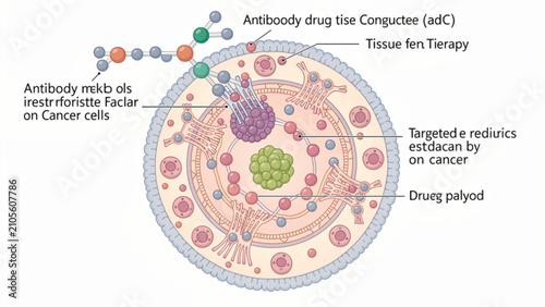 Detailed illustration of cancer cell and immune response involving antibodies drug therapy resistant cancer cells and tissue therapy