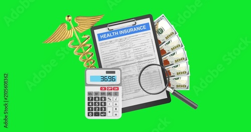 4k Resolution Video: Healthcare Cost Concept. Health Insurance Clipboard With Calculator, Money, Medical Symbol And Magnifying Glass Animated On Green Screen Chroma Key Background With Alpha Matte