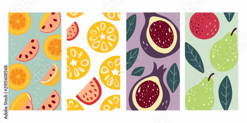 Fruit pattern with citrus pomegranate and pear illustrations on pastel backgrounds