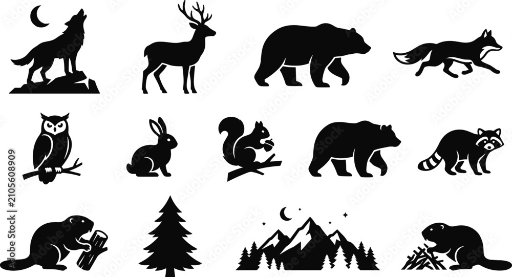 Fototapeta premium Black silhouette collection of woodland animals and forest nature elements in vector illustration design