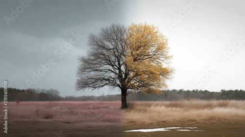 The tree is half in winter and half in spring