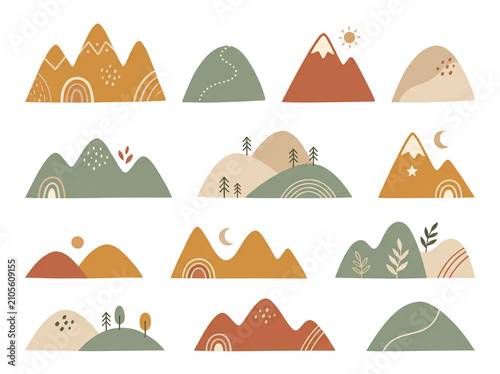 Children’s Scandinavian mountain illustrations set decorative style