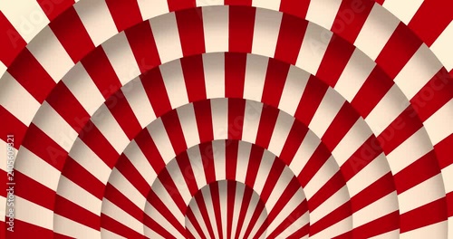 4k Resolution Video: Retro Carnival Pattern Concept. Red And Cream Radial Sunburst Seamless Loop Rotating With Concentric Target Rings, Bold Stripes And Vintage Depth