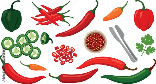 Konstfotografi Chili Pepper Vector Element Set Featuring Whole and Sliced Jalapenos Habanero Bi
