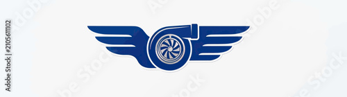 Fotografie Blue winged turbocharger emblem on white background