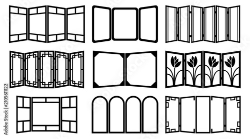 Collection of decorative room divider screens and folding partitions, black silhouettes with geometric and floral patterns for interior design