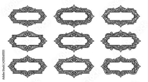 Set of nine ornate vintage decorative frames with intricate filigree scrolls, elegant border flourishes for invitation cards, monograms and labels