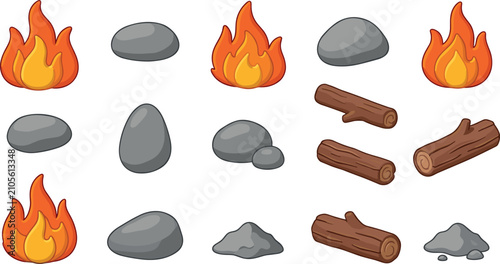 Canvastavla Campfire Construction Element Vector Set with Flame Icons Grey Stones Wooden Log