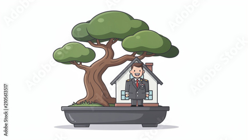 Illustration of a businessman standing under large leafy green tree in front of house in a floating pot for real estate or outdoor environment themes