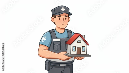 Cartoon male paramedic holding a house model representing emergency housing or disaster support in a cheerful style