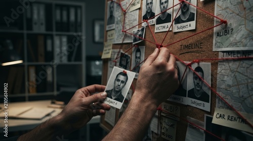 An investigative professional analyzing a detailed evidence board with red string connections.