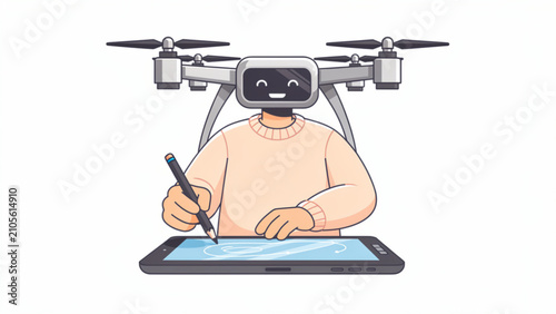 cartoon robot with a drawing tablet and stylus creating digital art in a modern workspace with colorful elements