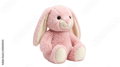 Cute fluffy pink toy rabbit sitting for children to play with isolated on transparent background