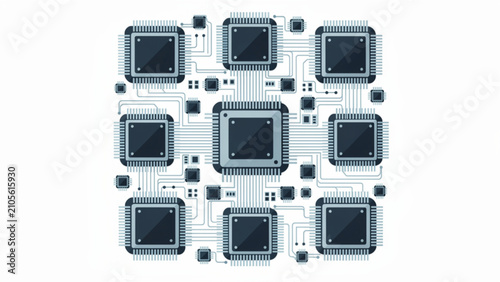 Close-up of a microchip circuit board with interconnected electronic components in silver and blue colors