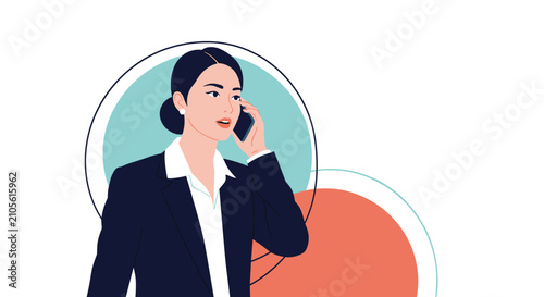 Professional businesswoman talking on a smartphone with a serious and focused expression for corporate communication themes.
