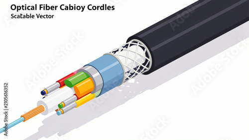 optical fiber cabling with black outer jacket detailed cross section showing colorful internal components for data transmission technology